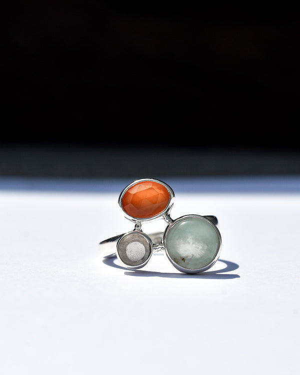 Anillo Sensa ópalo andino, cornalina y cuarzo cristal