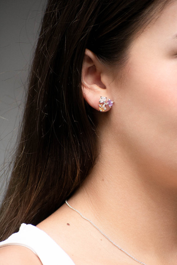 Aretes Trinidad citrino, cuarzo cristal y amatista