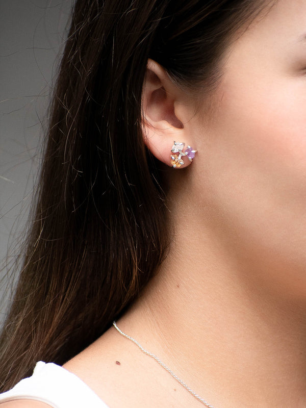 Aretes Trinidad citrino, cuarzo cristal y amatista
