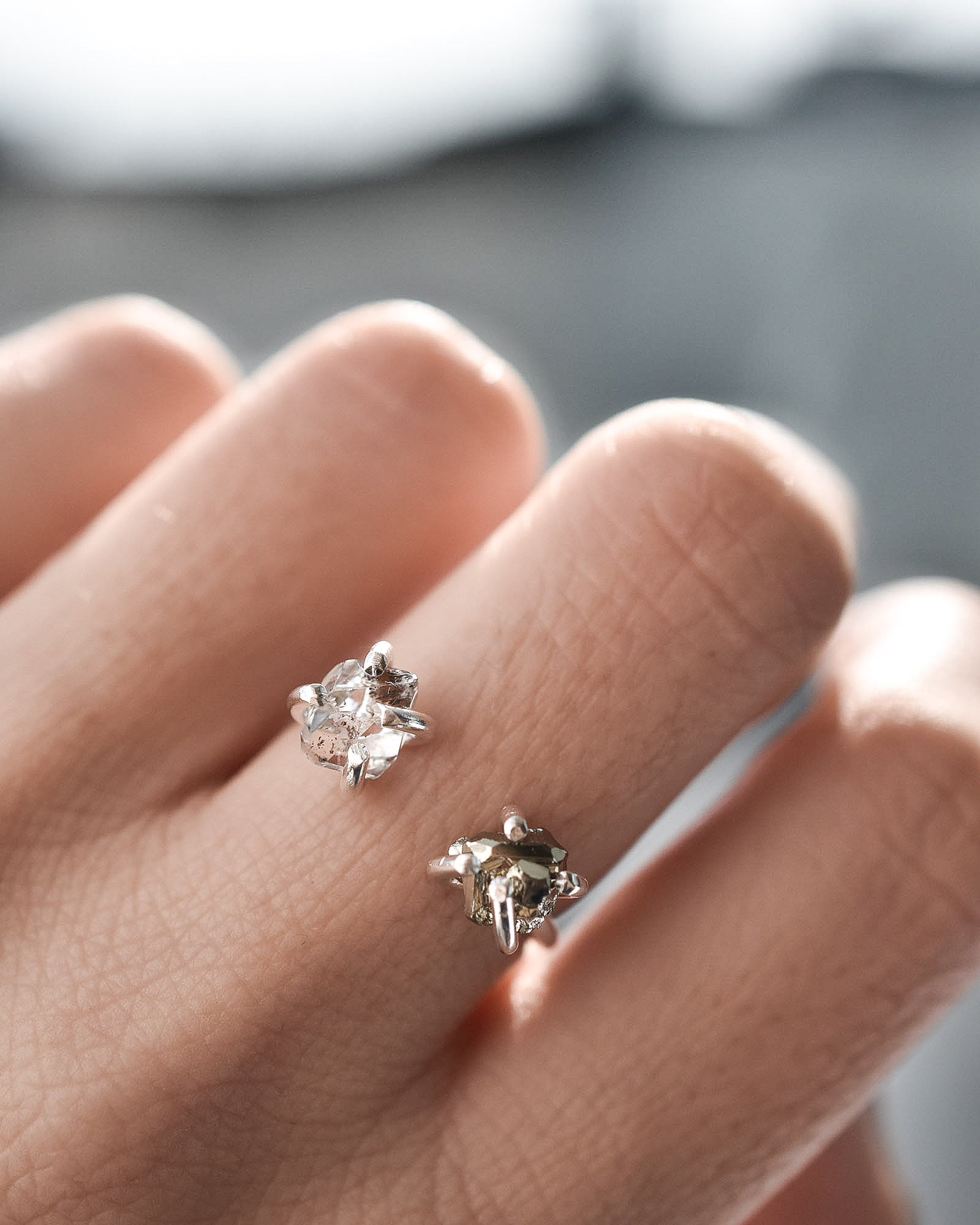 Anillo Duett pirita & cuarzo herkimer - Gallery 2