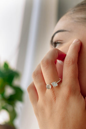Anillo Camus aguamarina & cuarzo rosa