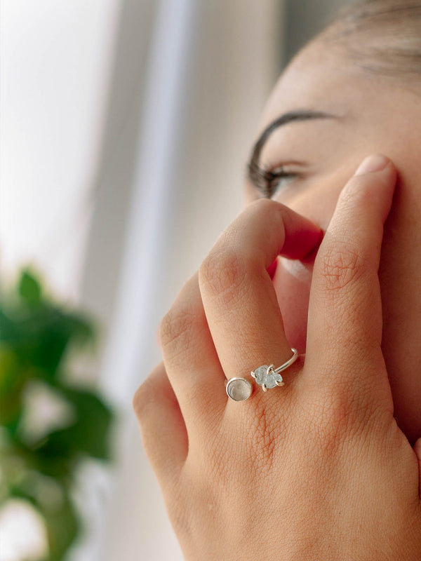 Anillo Camus aguamarina & cuarzo rosa
