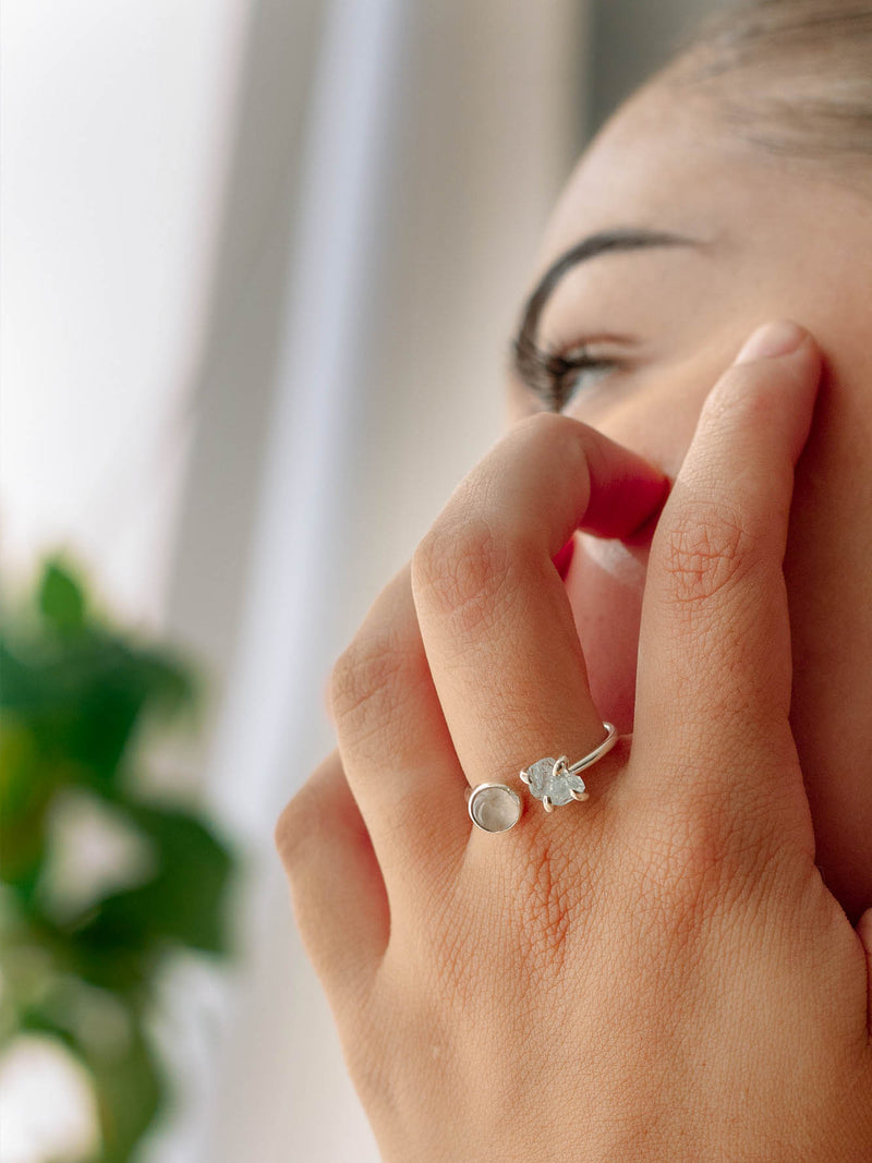 Anillo Camus aguamarina & cuarzo rosa