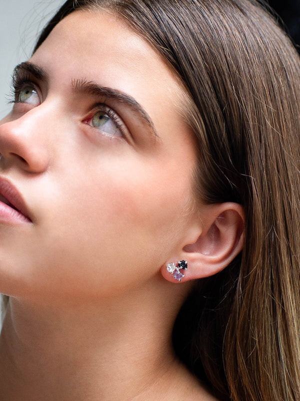 Aretes Trinidad amatista, cuarzo cristal y turmalina negra