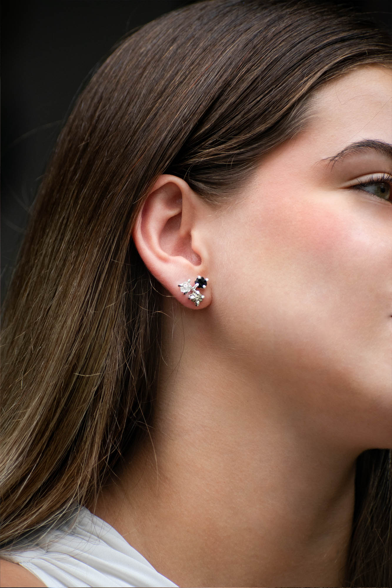 Aretes Trinidad pirita, cuarzo cristal y turmalina negra - Gallery 1