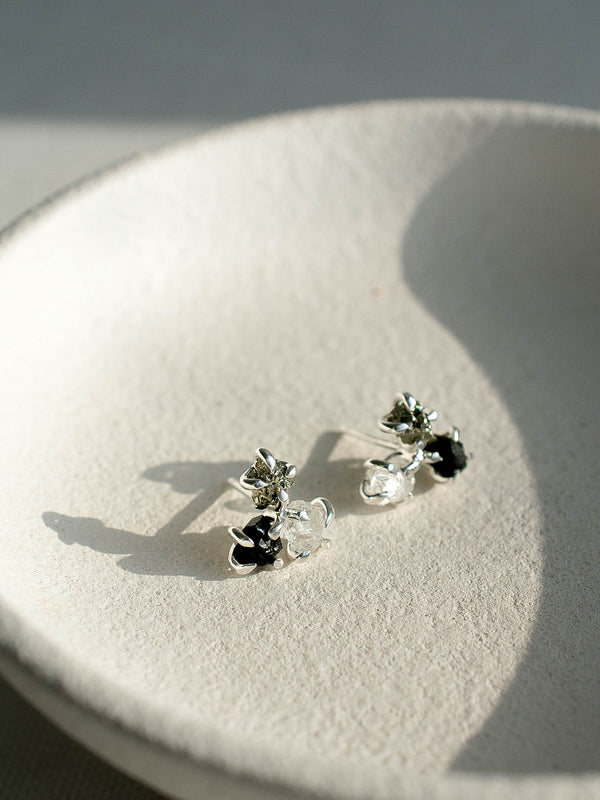 Aretes Trinidad pirita, cuarzo cristal y turmalina negra - Secundaria