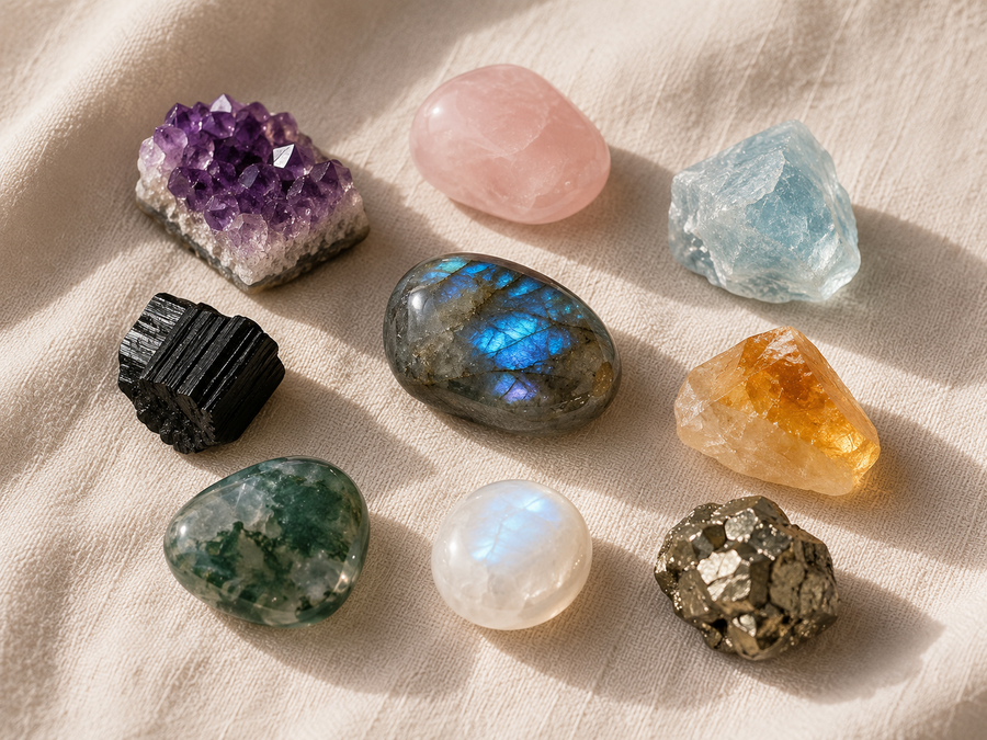 Nueve piedras naturales de Equinox sobre lino marfil